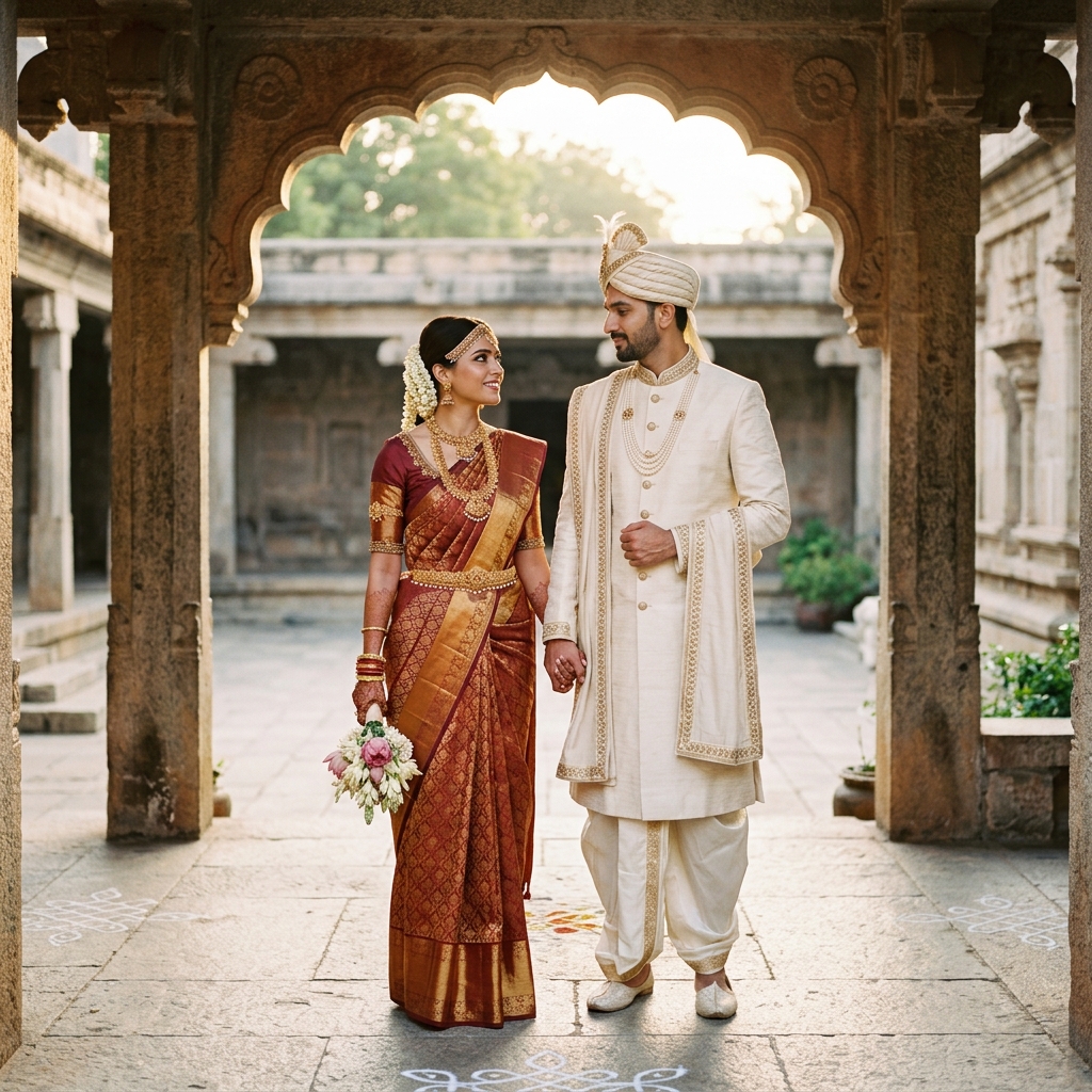 Editorial photography of a South Indian wedding couple